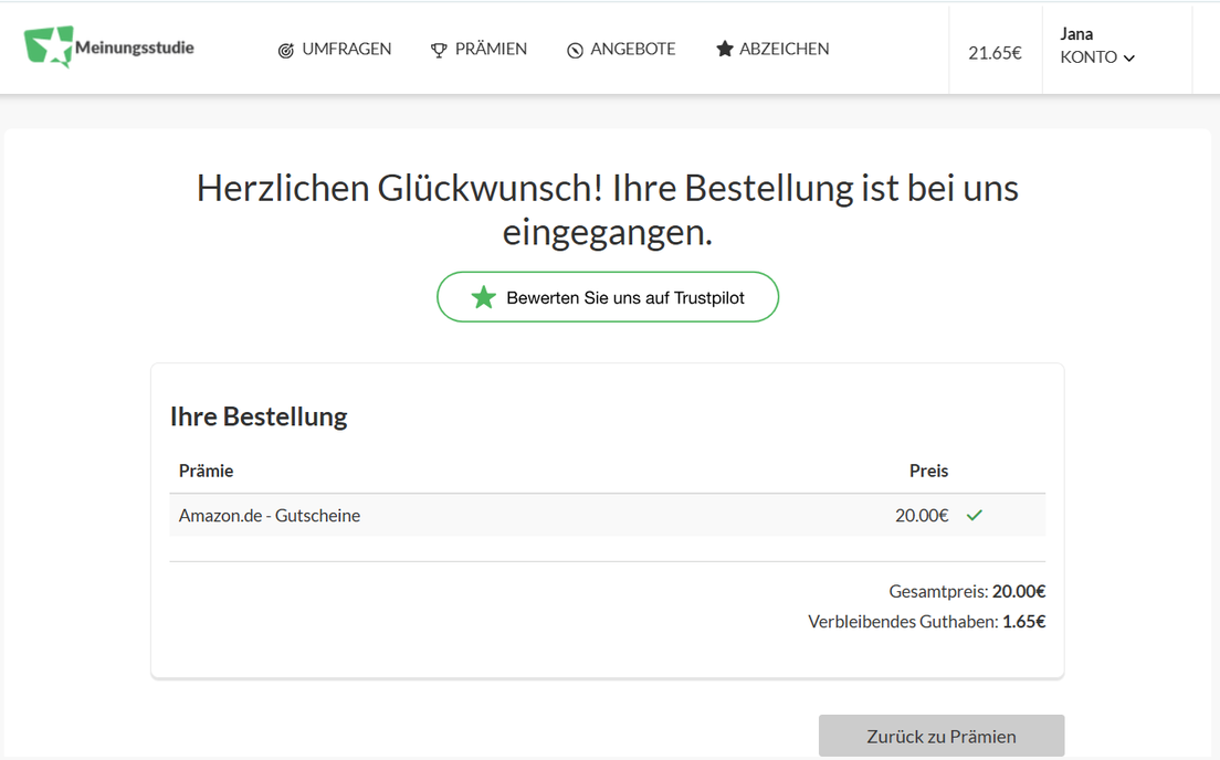 Bestellbestätigung von Meinungsstudie für einen Amazon.de-Gutschein über 20 Euro mit Gesamtpreis und verbleibendem Guthaben