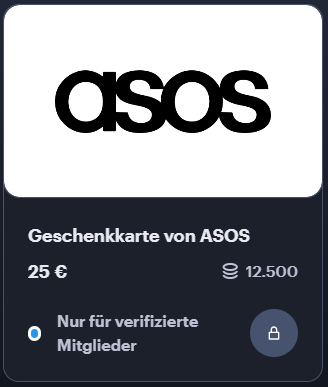 Kachel einer ASOS-Geschenkkarte über 25 Euro für 12.500 Punkte mit dem Hinweis Nur für verifizierte Mitglieder
