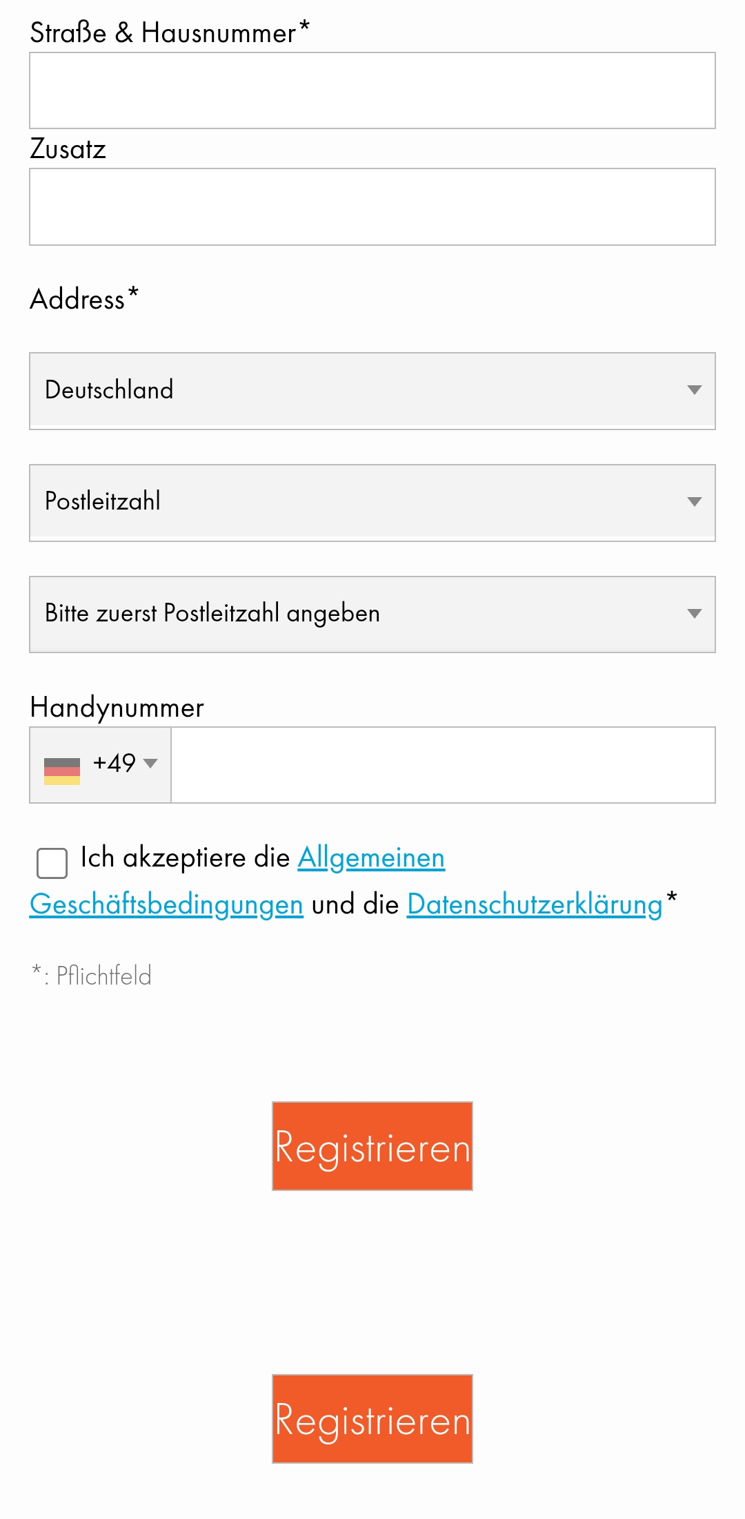 Anmeldeformular von Meinungsplatz mit den Feldern Geschlecht, Geburtstag, Vorname, Nachname, E-Mail-Adresse, Passwort, Straße und Hausnummer, Postleitzahl und Handynummer