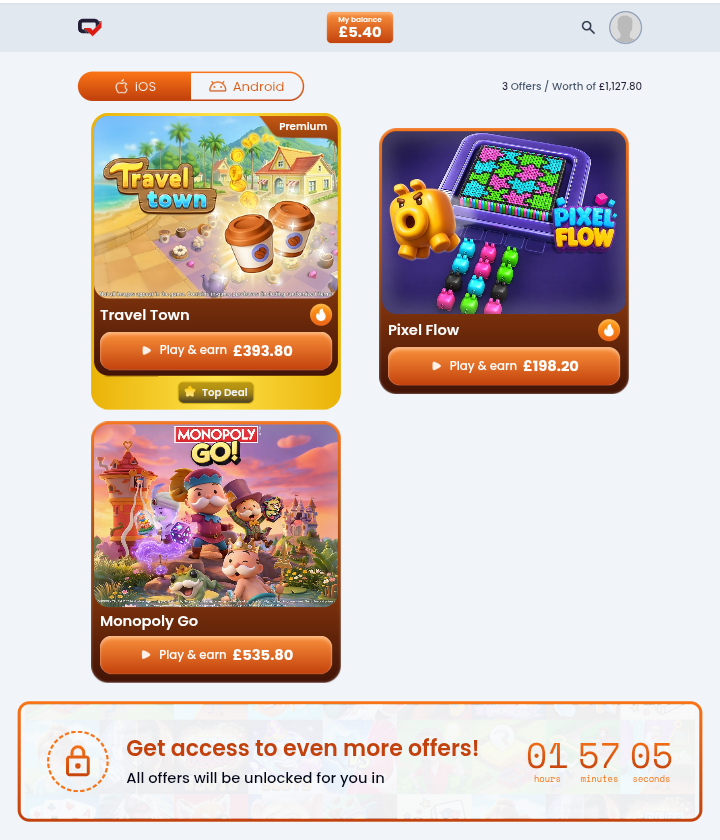 Startbildschirm mit drei Spielangeboten, der Zeile 3 Offers / Worth of 1.127,80 und einem Countdown bis zur Freischaltung weiterer Angebote