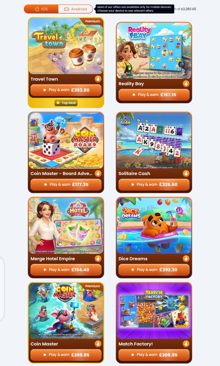 Angebotsliste mit acht Spielkacheln, jeweils mit Titel und Betrag, oben ein Schalter zwischen iOS und Android