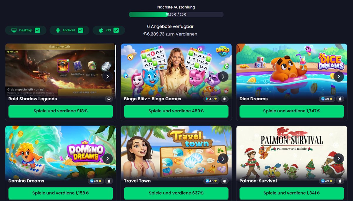 Übersicht der Aufgaben bei Freecash mit Fortschrittsbalken zur nächsten Auszahlung, Filtern für Rechner, Android und iOS und sechs Spielen mit ihren Werbebeträgen