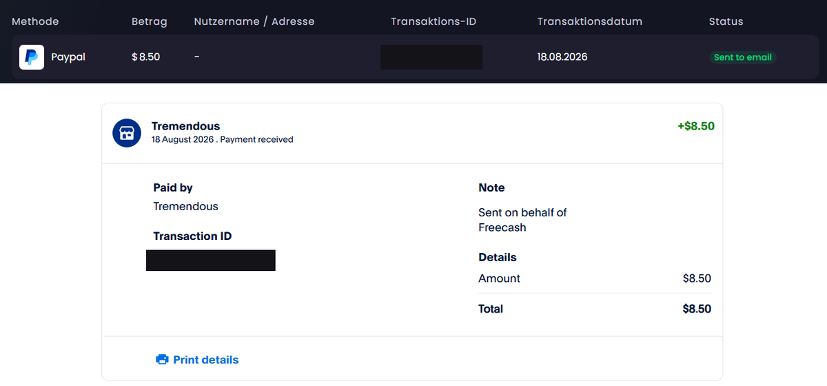 Oben die Auszahlungszeile bei Freecash über 8,50 Dollar per PayPal mit dem Status Sent to email, darunter der Eingang derselben 8,50 Dollar im PayPal-Konto