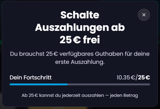 Fenster bei Freecash mit dem Hinweis auf Auszahlungen ab 25 Euro und einem Fortschrittsbalken, der bei 10,35 Euro steht