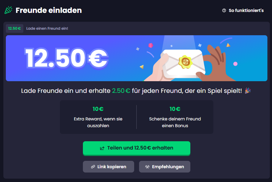 Einladungsseite bei Freecash mit 12,50 Euro in der Kopfzeile, 2,50 Euro je Freund und 10 Euro zusätzlich nach dessen Auszahlung