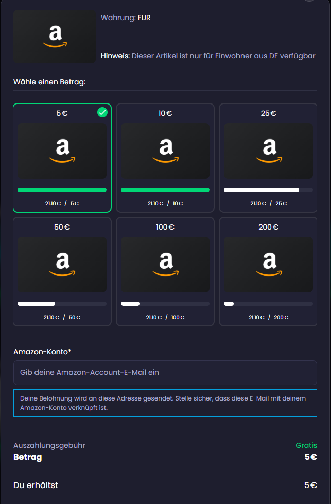 Auszahlungsformular von Freecash für einen Amazon-Gutschein über 5 Euro mit der Zeile Auszahlungsgebühr Gratis