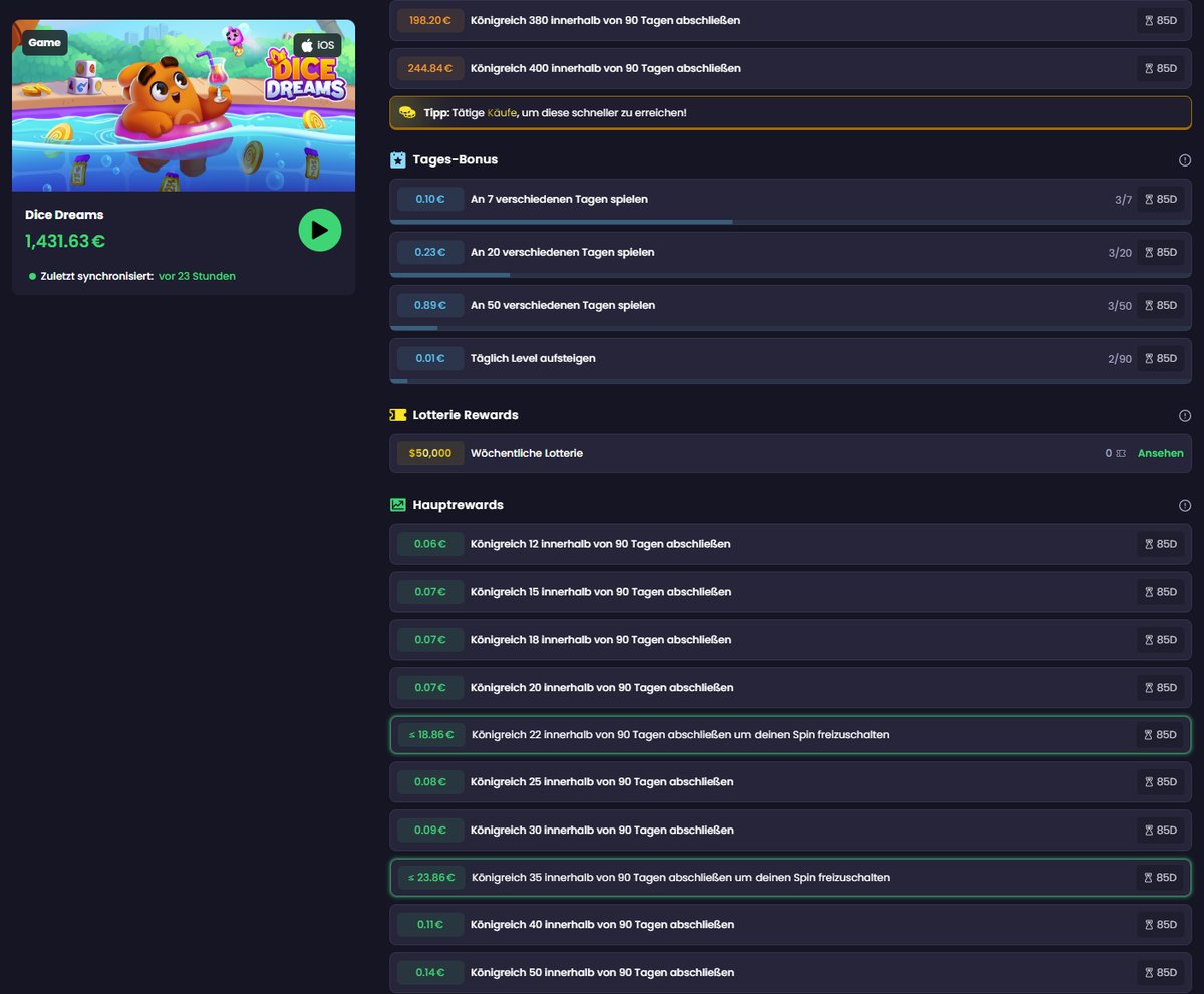Belohnungsliste des Spiels Dice Dreams bei Freecash: links der Werbebetrag 1.431,63 Euro, rechts die einzelnen Stufen von 0,06 Euro bis 244,84 Euro mit ihrer Restlaufzeit