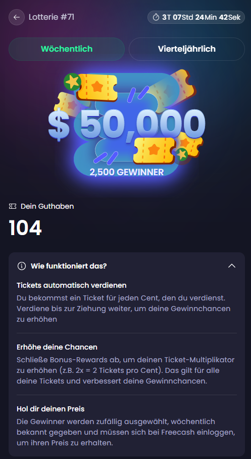 Verlosungsseite bei Freecash mit laufender Ziehung, Countdown und 104 eigenen Losen