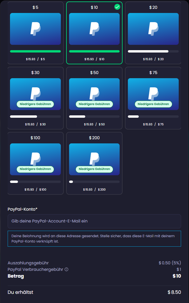 Auszahlungsformular von Freecash für PayPal mit 0,50 Dollar Auszahlungsgebühr, 1 Dollar PayPal-Verbrauchergebühr und dem Hinweis Du erhältst 8,50 Dollar