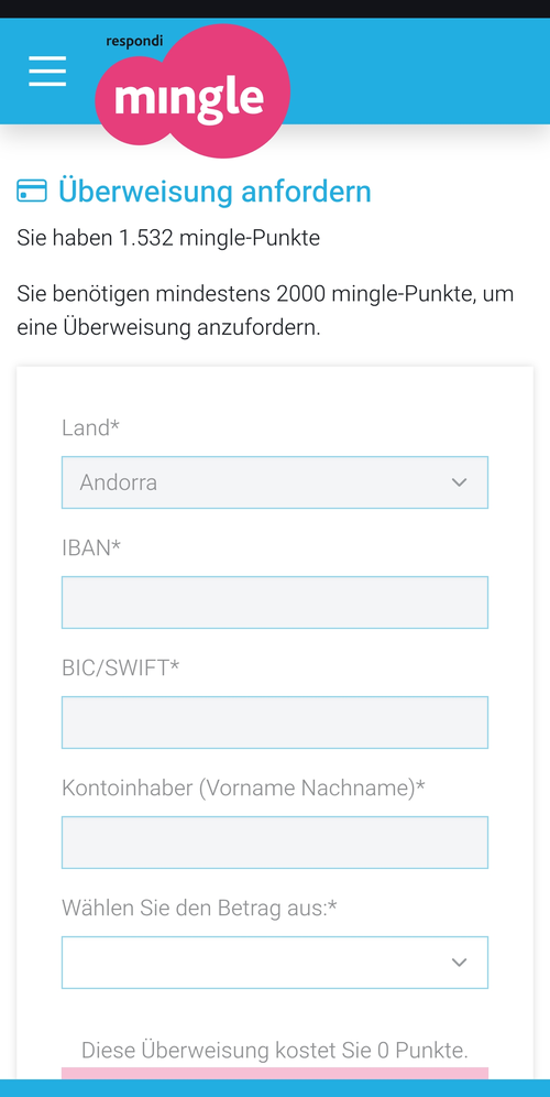 Ueberweisungsformular von Mingle am Handy mit Punktestand, Mindestpunktzahl und Hinweis auf die Kosten