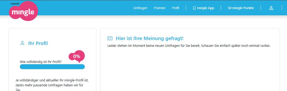 Kopfzeile eines frischen Mingle-Kontos mit dem Punktestand von 50 mingle-Punkten