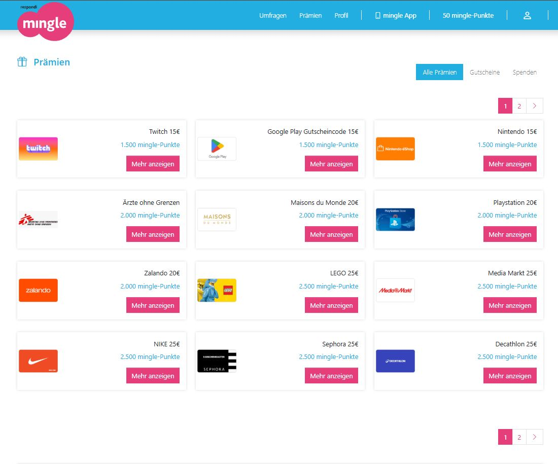Liste der Gutscheine bei Mingle am Rechner, jeder mit seinem Preis in Punkten