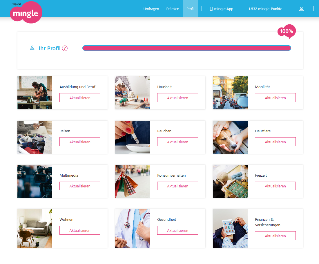 Profilbereich von Mingle am Rechner mit zwölf Themenkacheln und vollständig ausgefülltem Profil