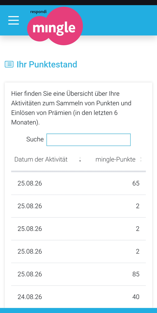 Punktekonto von Mingle am Handy mit den Gutschriften der letzten Tage nach Datum