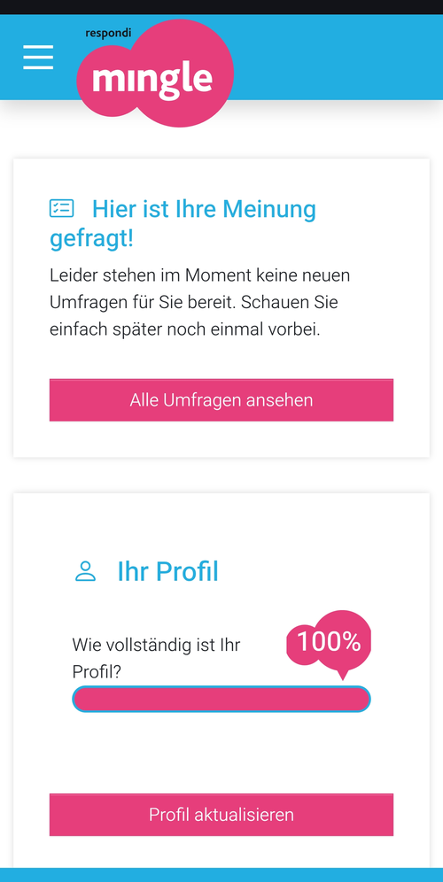 Mingle am Handy: Startseite mit dem Hinweis auf fehlende neue Umfragen und dem Knopf zu allen Umfragen