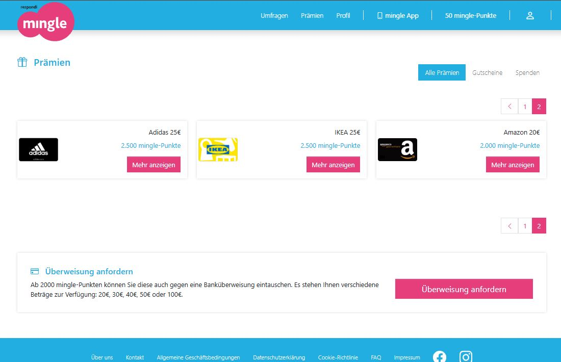 Auszahlungsseite bei Mingle mit dem Kasten für die Banküberweisung und den festen Beträgen von 20 bis 100 Euro