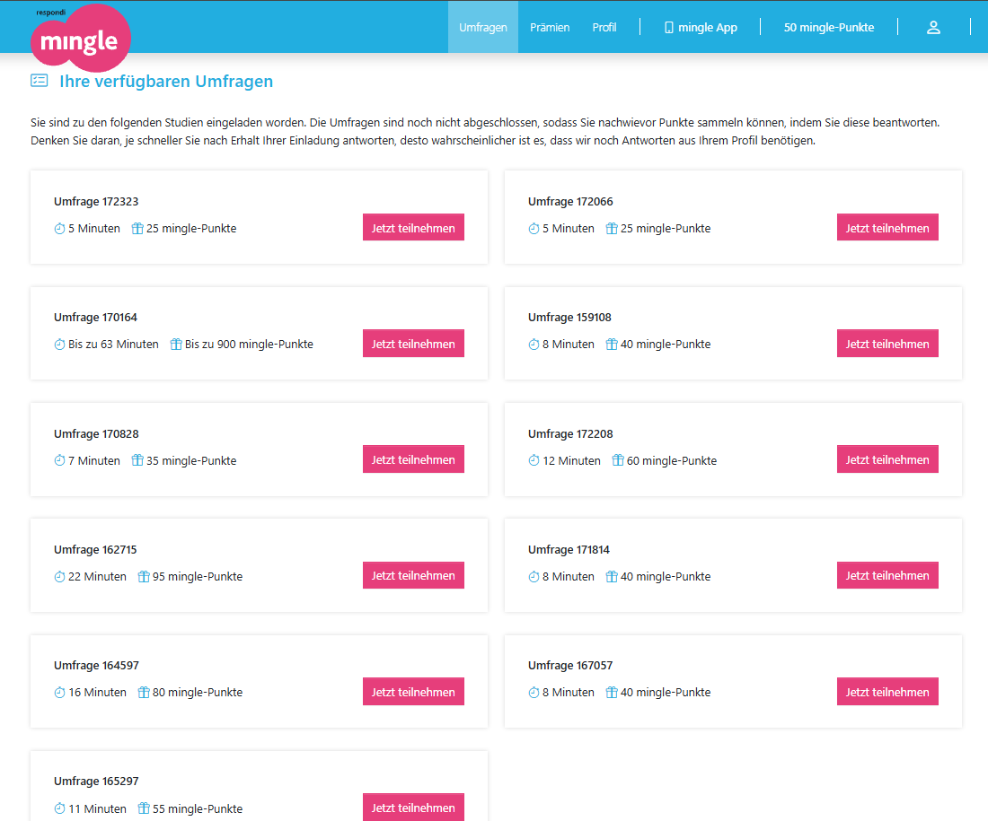 Elf Umfragen bei Mingle am Rechner, jede mit ihrer Nummer, ihrer Dauer und ihren Punkten