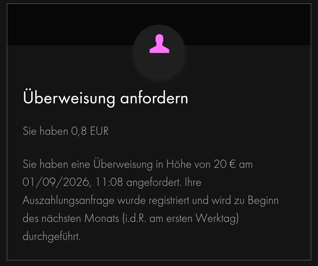 Bestätigung einer beantragten Auszahlung über 20,00 Euro bei Meinungsplatz
