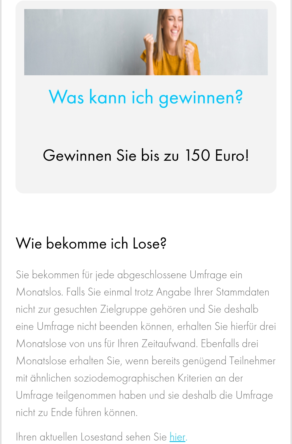 Verlosungsseite von Meinungsplatz mit den Gewinnen des Monats und den Aufgaben, für die es Lose gibt