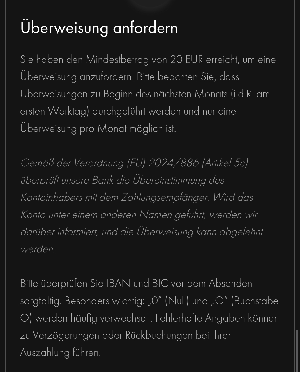 Auszahlungsseite von Meinungsplatz mit dem Hinweis, dass der Mindestbetrag von 20 EUR erreicht ist und Überweisungen zu Beginn des nächsten Monats durchgeführt werden