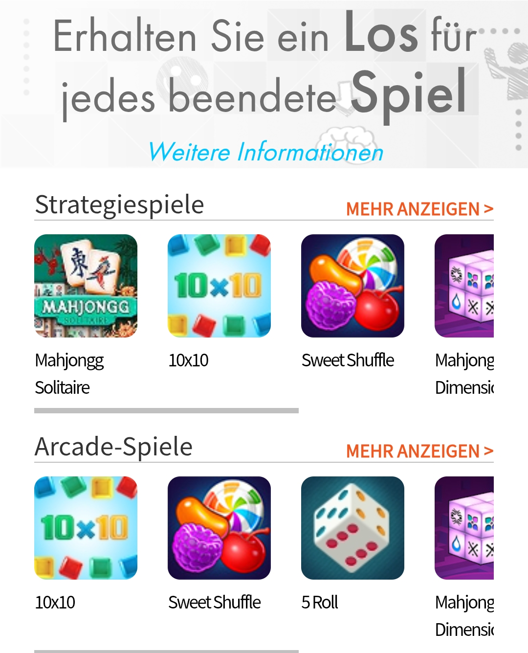 Spieleseite von Meinungsplatz mit dem Hinweis auf ein Los je beendetem Spiel