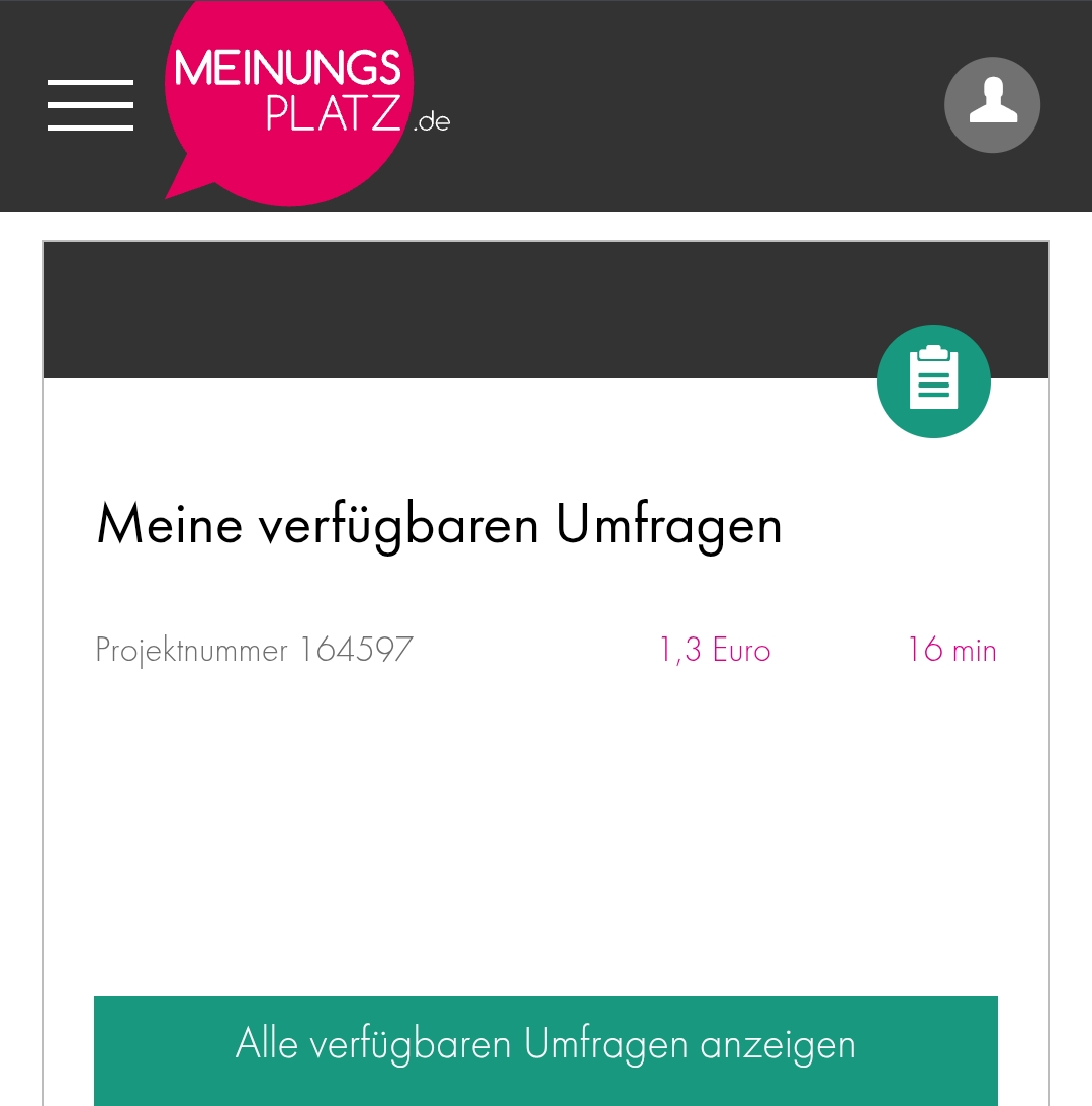 Einladung zu einer Umfrage bei Meinungsplatz mit 16 Minuten und 1,30 Euro