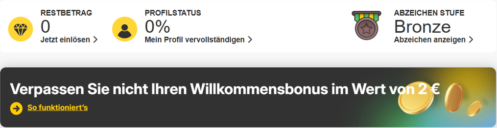 Kontoübersicht bei Meinungsstudie mit Guthabenstand, Profilfortschritt und dem Banner zum Willkommensbonus