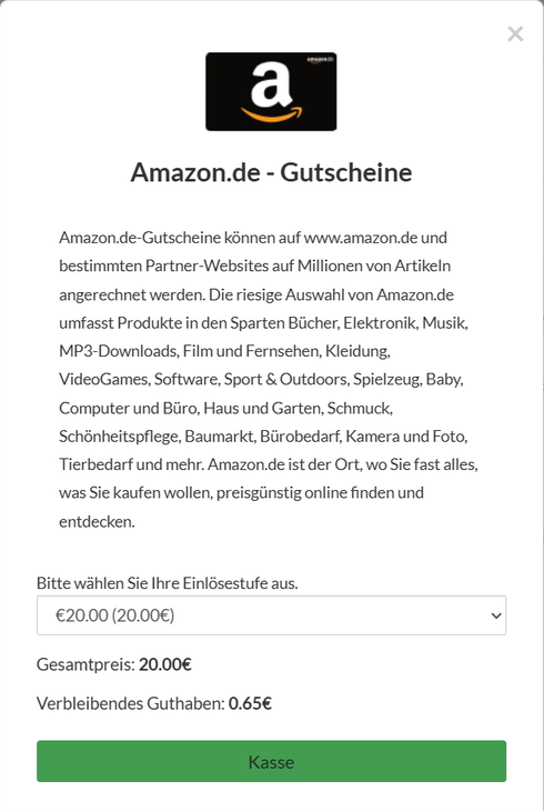 Bestellvorgang für einen Amazon-Gutschein über 20 Euro bei Meinungsstudie