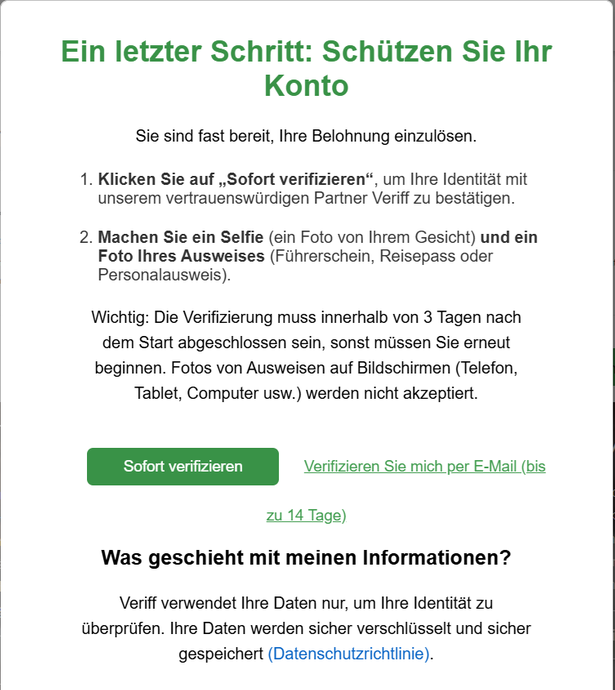 Aufforderung zur Identitätsprüfung bei Meinungsstudie mit den Wegen über Veriff und über E-Mail