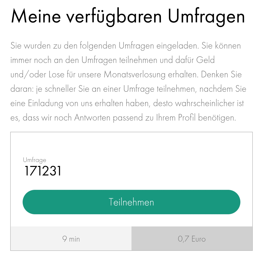 Liste Meine verfügbaren Umfragen bei Meinungsplatz am Handy mit der ersten Einladung samt Minuten und Betrag