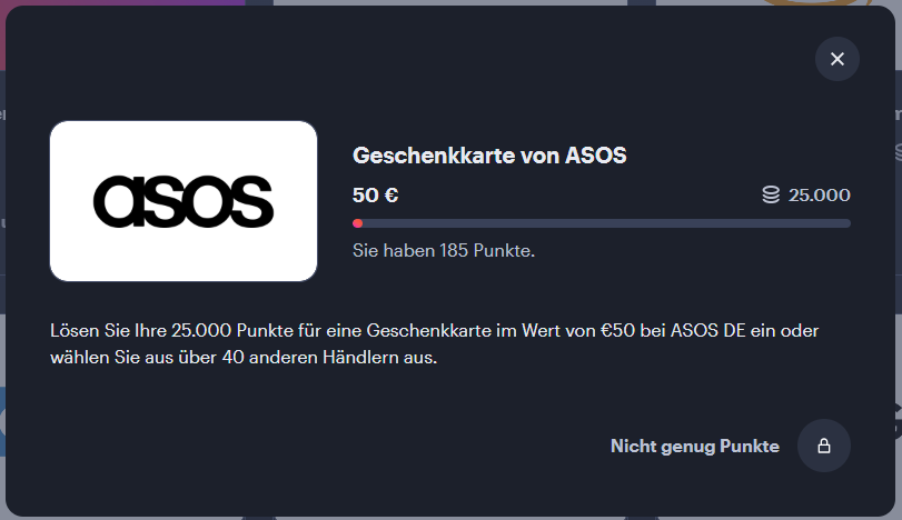 Einlösedialog von YouGov für eine ASOS-Geschenkkarte über 50 Euro mit dem Hinweis auf über 40 weitere Händler