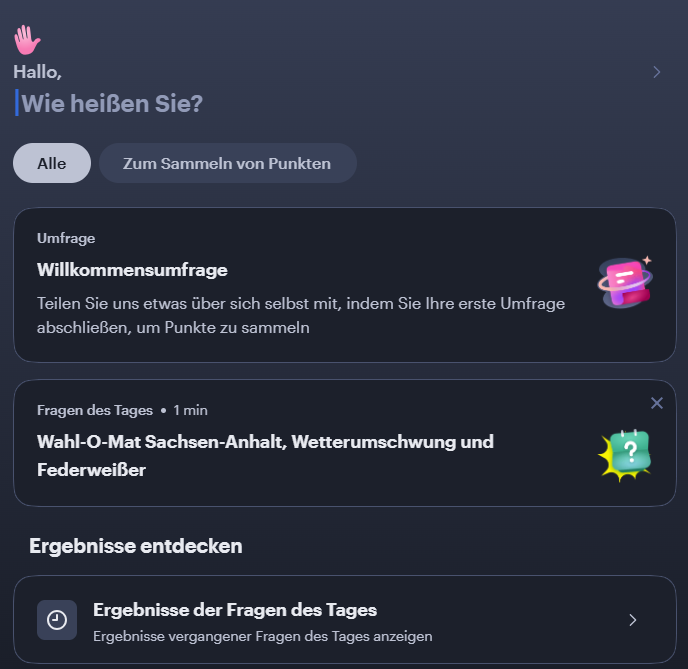 Startseite von YouGov direkt nach der Anmeldung mit der Willkommensumfrage und den Fragen des Tages