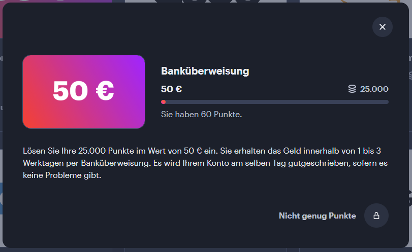 Dialog von YouGov zum Einlösen von 25.000 Punkten als Banküberweisung über 50 Euro