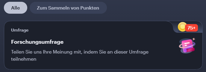 Umfrageliste bei YouGov mit den Filtern Alle und Zum Sammeln von Punkten sowie einer Umfrage mit 75+ Punkten