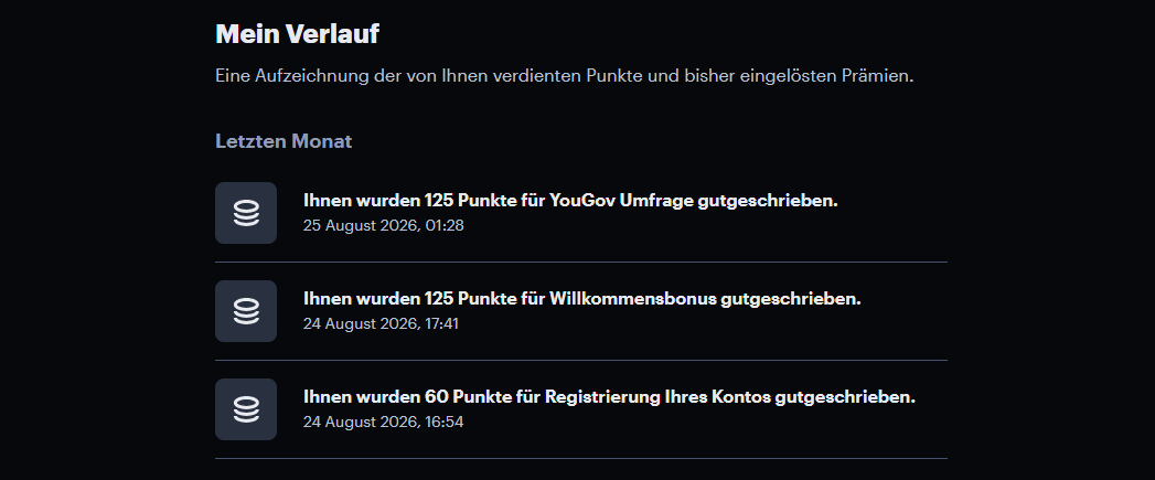 Verlauf eines YouGov-Kontos mit den Buchungen Registrierung, Willkommensbonus und YouGov Umfrage
