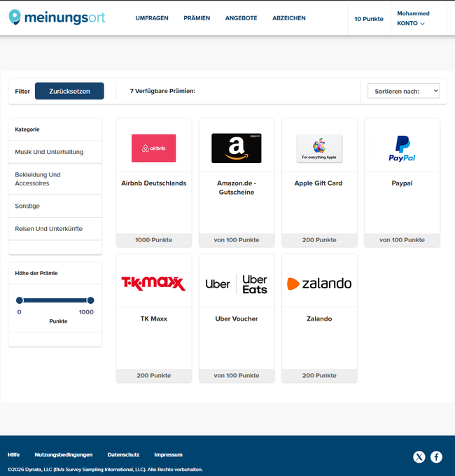 Prämienkatalog von Meinungsort mit sieben Kacheln, PayPal, Amazon.de-Gutscheine und Uber Voucher je ab 100 Punkten, Apple, TK Maxx und Zalando für 200 und Airbnb für 1000 Punkte