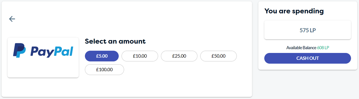 Auszahlungsseite bei LifePoints mit PayPal, Beträgen von 5 bis 100 Pfund und dem Punktepreis von 575 LifePoints