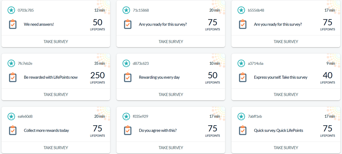 Umfrageliste bei LifePoints mit neun Umfragen, jede mit Dauer von 9 bis 35 Minuten und 40 bis 250 LifePoints