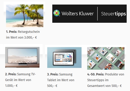 Logo Wolters Kluwer Steuertipps Jubiläums-Gewinnspiel 2026 - Gewinnspiel