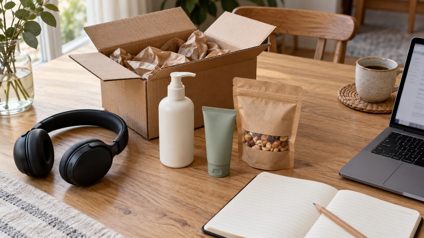 Testprodukte mit geöffnetem Versandpaket und Laptop auf einem Tisch